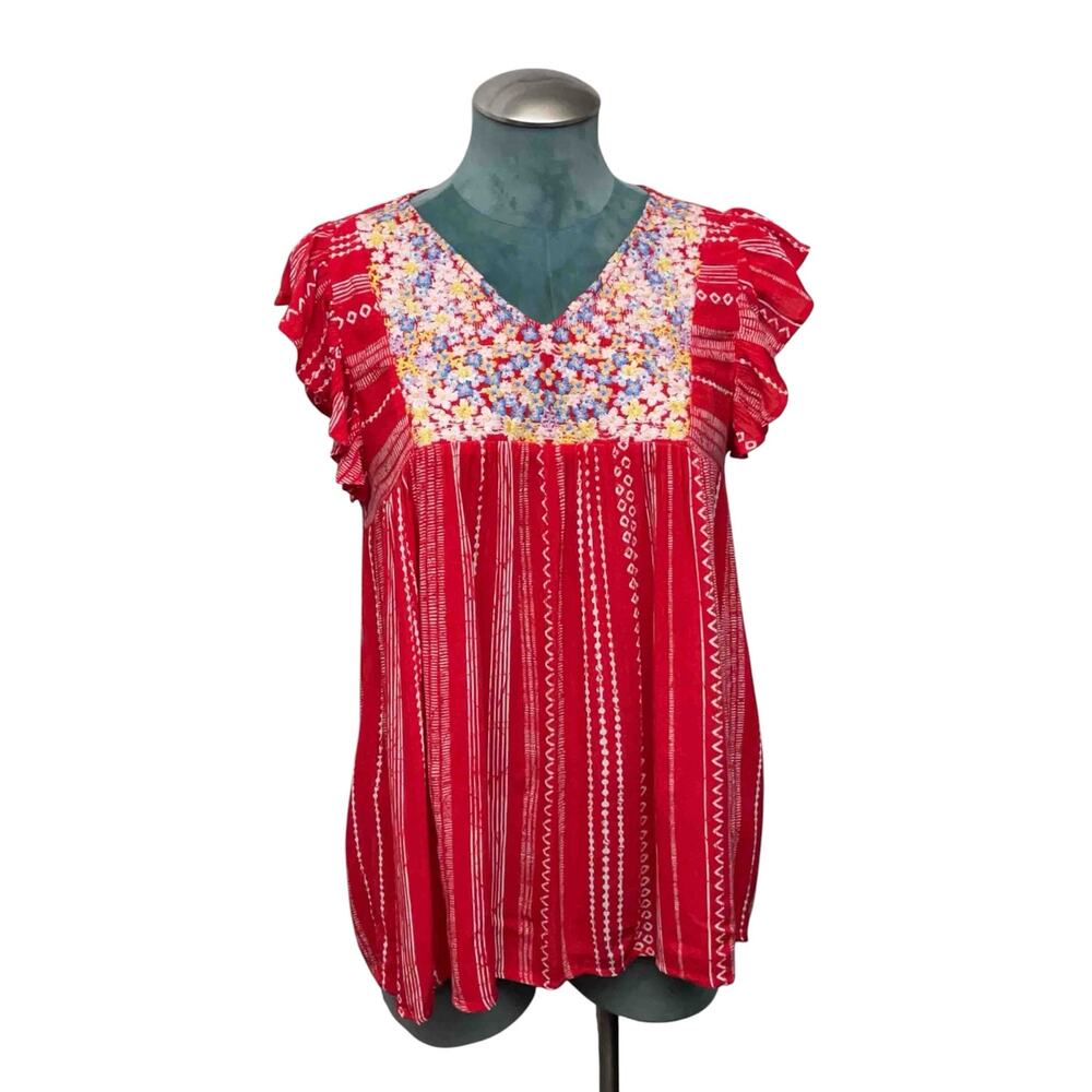 Savanna Jane Romantic Floral Embroidered Blouse Size S Red Festival Boho Top